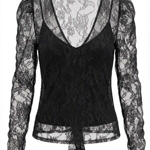 Express Black Lace Sheer Long Sleeve V-Neck Top Size Small